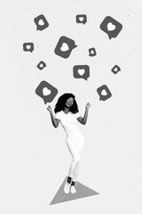 Creative photo 3d collage artwork postcard poster of happy lady rejoice number customers followers review isolated on painting background