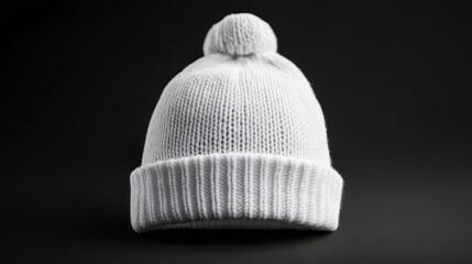 Mockup of a blank white beanie on a black background showcasing minimalistic design