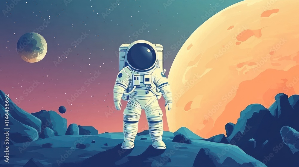 Poster Astronaut standing on a distant planet with celestial bodies in the background.