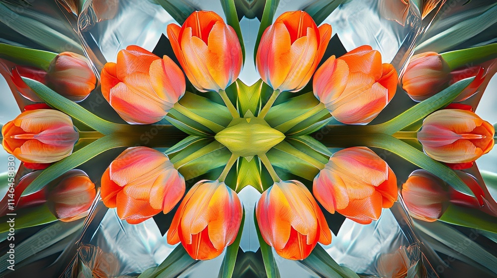 Poster artistic composition of tulips in a symmetrical pattern against a geometric backdrop, creative shot,