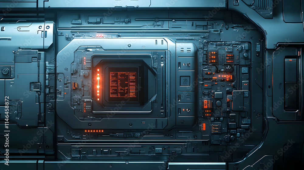 Poster futuristic mechanical panel with glowing elements and intricate circuitry.
