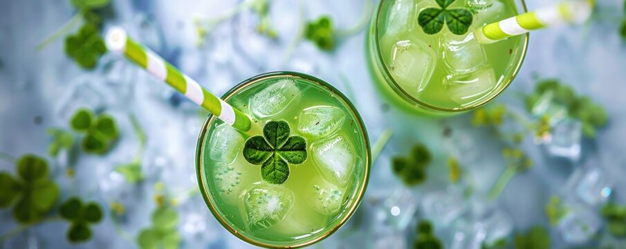 Green festive drinks with shamrock and ice cubes