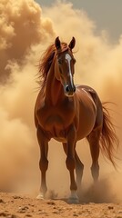 Obraz premium Majestic Chestnut Horse Standing in a Dramatic Desert Storm Scene