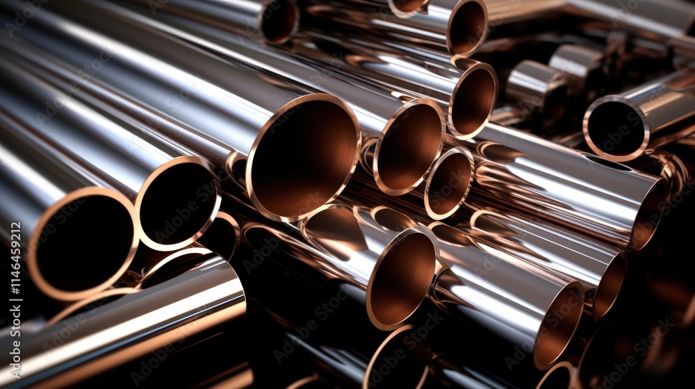 Poster glimmering metallic pipes in various sizes and shapes with smooth curves and reflections in a modern