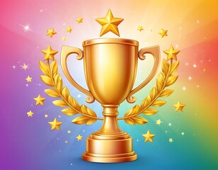 Golden Trophy on Rainbow Background: This shiny gold trophy stands proudly on a vibrant rainbow background, adorned with golden stars and laurel leaves, symbolizing achievement and triumph.