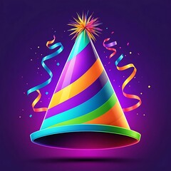 Party Time: A vibrant and cheerful party hat, adorned with colorful stripes and a sparkling topper, stands ready to celebrate.  The hat is surrounded by confetti and ribbons.