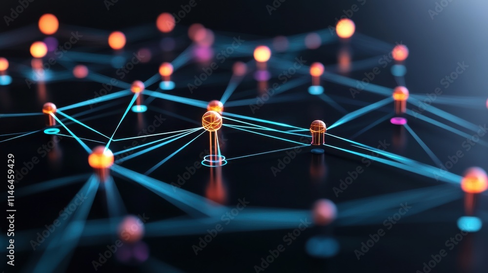 Poster abstract digital network with glowing nodes and connections.