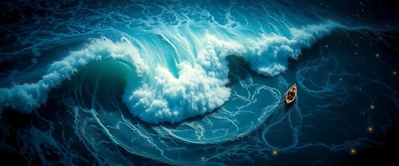 Ocean's Fury: A small boat is engulfed by a towering, monstrous wave, its jaws agape, in a surreal and captivating depiction of the ocean's raw power. The painting evokes a sense of fear and awe.