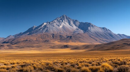 Majestic snow-capped mountain peak rising above a vast, arid, golden plain under a clear blue sky.