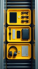 Top-Down View of Items in Bright Yellow Security Trays at Airport