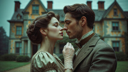 Romantic couple in vintage attire sharing an intimate moment near historical mansion.