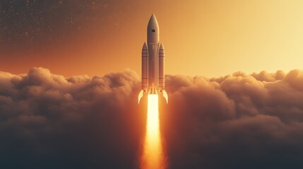 Obraz premium Spectacular rocket launch against a dramatic sunset backdrop above the clouds