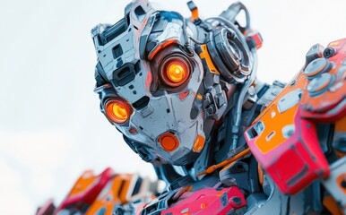 Fototapeta premium Close-up of a detailed Gundam model, showcasing intricate design and vibrant colors.