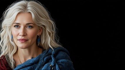 Fototapeta premium Elegant young woman with a serene expression wearing a blue draped garment against a dark background