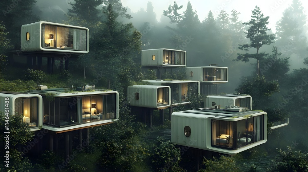 Poster modern treehouse structures nestled in a misty forest, blending nature with contemporary design.