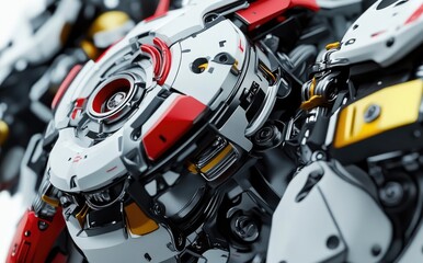 Close-up of a detailed Gundam model, showcasing intricate design and vibrant colors.