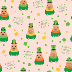 Patrick's day pattern with a happy capybara. St. Patricks Day background, trefoil, shamrock, patrick's hat.