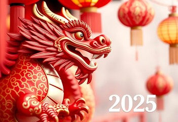 Red Dragon: 2025 Chinese New Year Celebration. A majestic red dragon figurine, symbolic of good fortune, stands against a backdrop of vibrant red lanterns.