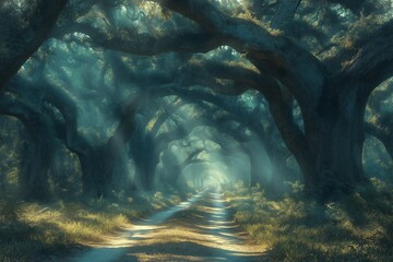 A serene forest landscape bathed in soft light, perfect for celebrating Earth Day. The winding path invites exploration through this peaceful natural retreat.