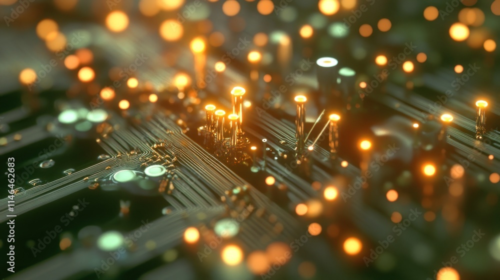 Poster close-up of a circuit board with glowing components, illustrating technology and innovation.