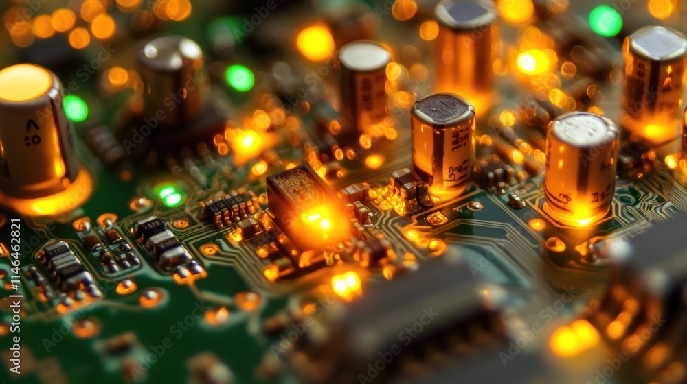 Aufkleber Close-up of a circuit board with glowing components, showcasing electronic technology.