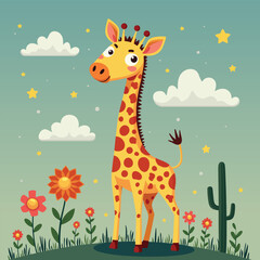 Fototapeta premium Whimsical Giraffe in a Flower Field Under a Starry Sky