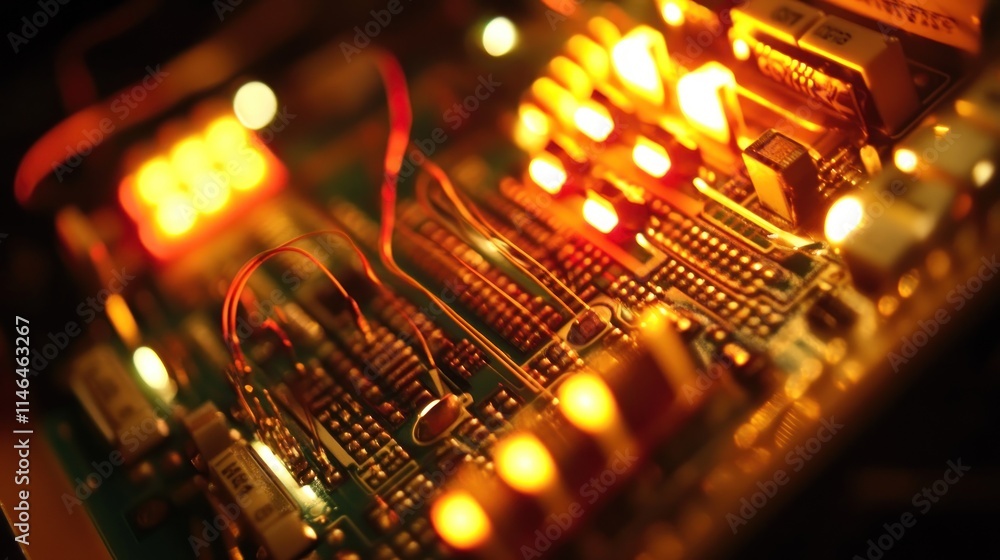 Poster close-up of a circuit board with glowing lights and intricate electronic components.