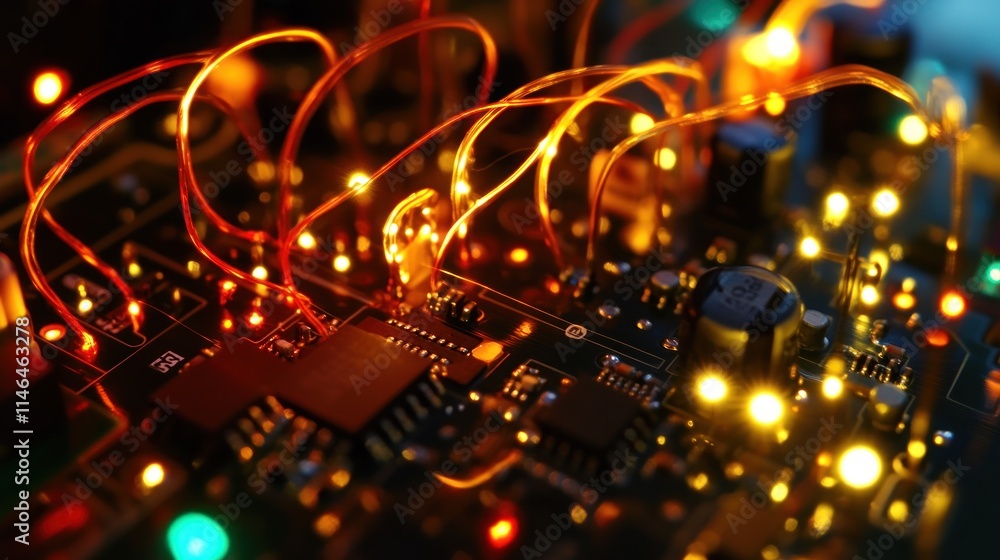Poster close-up of a circuit board with glowing lights and wires, showcasing electronic components.