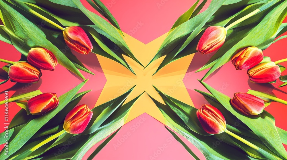Poster artistic composition of tulips in a symmetrical pattern against a geometric backdrop, creative shot,