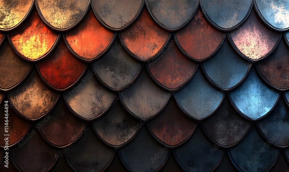 Poster metallic scales pattern with varied colors, creating an abstract surface.