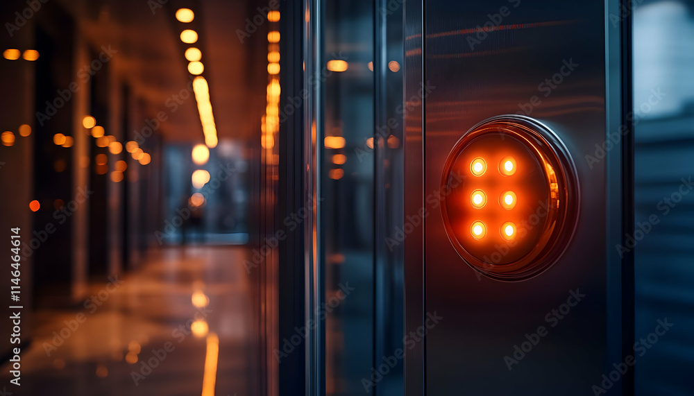 Poster a close-up of an elevator button illuminated in a modern corridor.