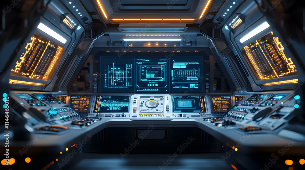 Poster futuristic control room with advanced displays and controls for monitoring and navigation.