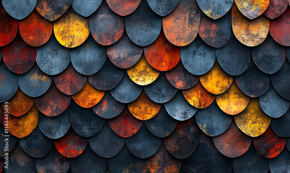 Poster pattern of textured overlapping metallic scales in warm tones.