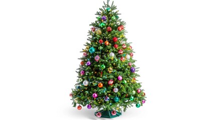 Fototapeta premium tree decorated with ornaments and festive lights isolated on white. Festive christmas tree with lights and ornaments 