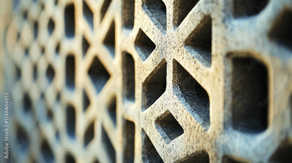 Aufkleber close-up of a textured architectural panel with geometric patterns.