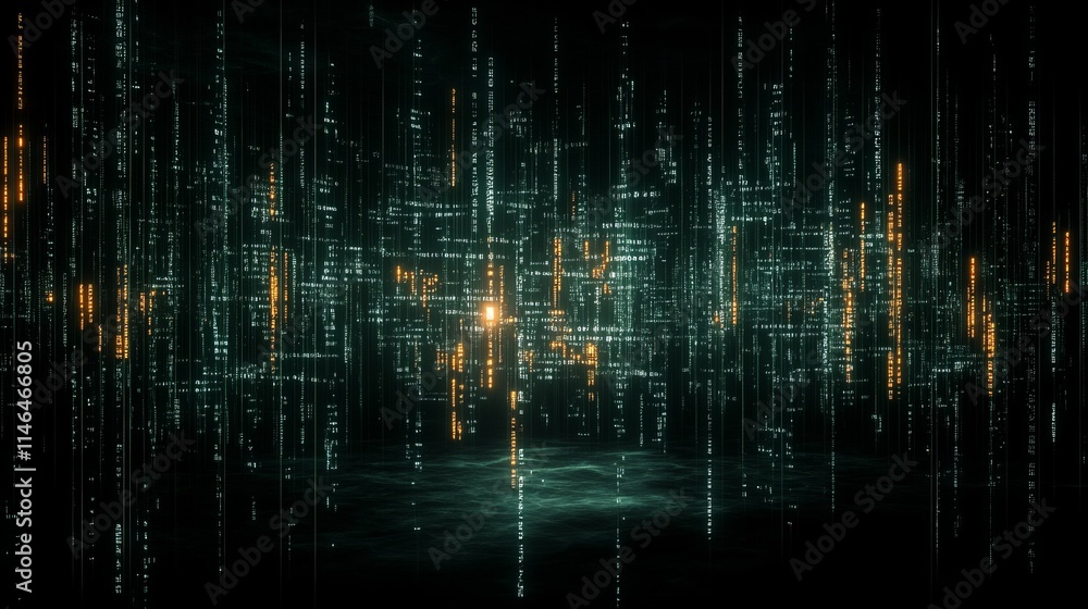 Poster abstract digital data stream visualization with glowing orange highlights