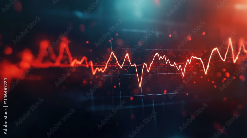 Poster abstract red data waveform visualization on dark background: dynamic financial market trends represe