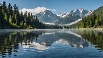Fototapeta premium Serene Mountain Lake with Misty Reflections