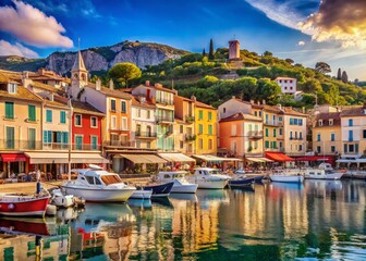 Fototapeta premium Cassis Village France: Picturesque Coastal Town, High-Resolution Photos, Stunning Scenery, Mediterranean Charm, Deep Depth of Field