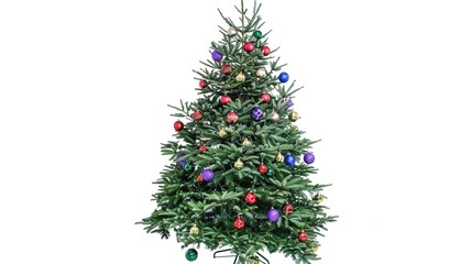 Fototapeta premium tree decorated with ornaments and festive lights isolated on white. Festive christmas tree with lights and ornaments 