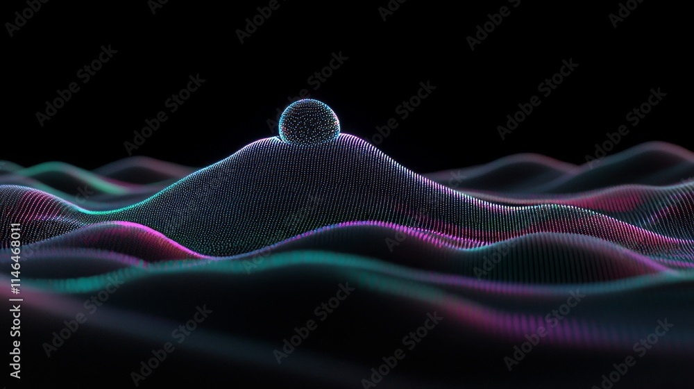 Poster abstract digital sphere on wavy particle field