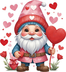 Obraz premium Illustration of cute gnome holding a heart-shaped sign. Love clipart, Valentines day, Isolate on white background.