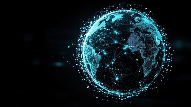 A digital representation of Earth interconnected by networks and data points.