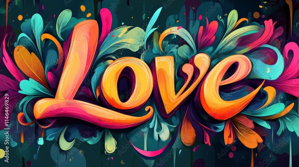 Poster vibrant and colorful artistic representation of the word love with floral elements and abstract patt