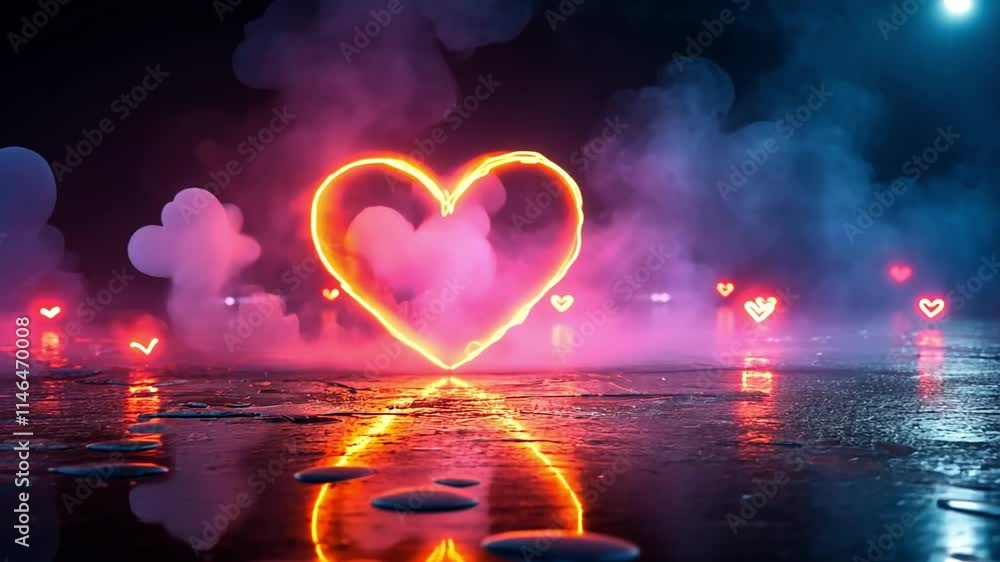 Poster heart-shaped light display with colorful fog in a nighttime setting