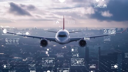 Cutting-edge airplane soaring through the atmosphere, augmented reality graphics displaying innovative aviation metrics
