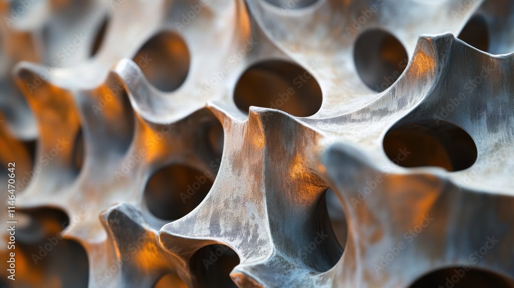 Poster close-up of an intricate metallic structure showcasing abstract design and texture.