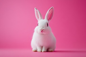 Obraz premium A cute white rabbit sitting against a vibrant pink background.