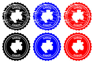 Gabon - rubber stamp - vector, Gabonese Republic map pattern - sticker - black, blue and red