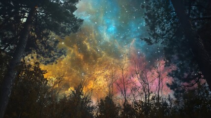 Fototapeta premium Majestic Forest Starscape Celestial Colors Cosmic Dreams Nature Splendor Night Sky